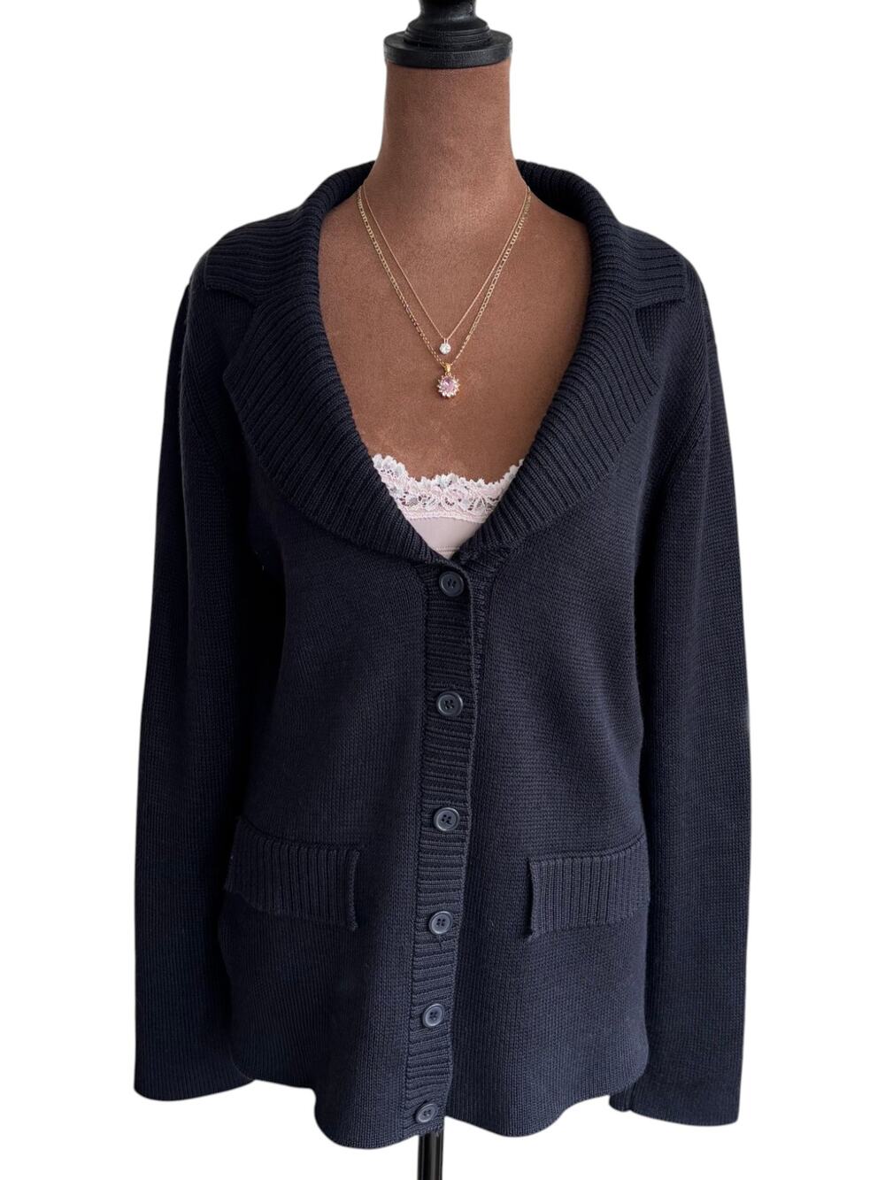 Cozy Knit Wool Blend Cardigan Sweater Midweight Button Front Faux Pockets Preppy